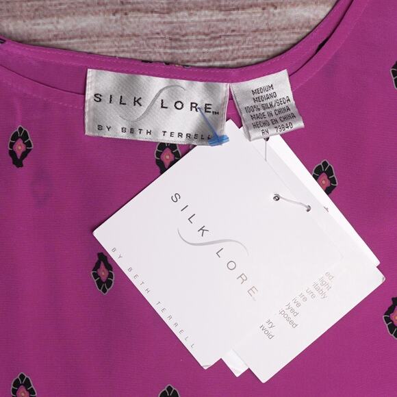 Silk Lore Magenta Shell Print Silk Camisole Scoop Neck Sleeveless MSPR $98 Sz M - Picture 9 of 12